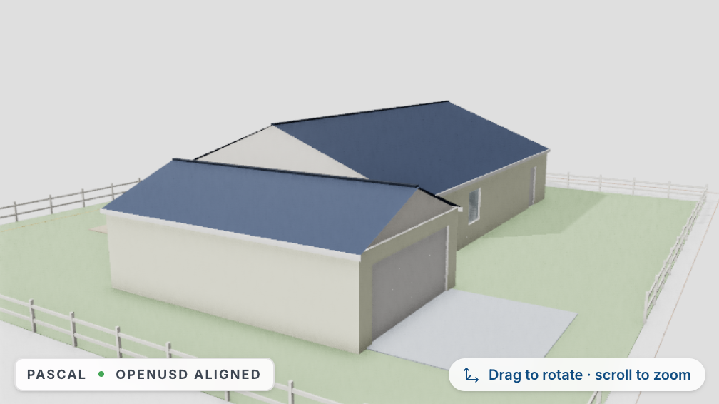 Live Pascal 3D model of the generated house with fence and site works