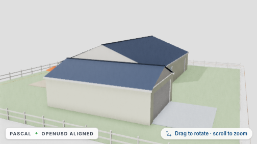 Live Pascal 3D model of the generated house with fence and site works