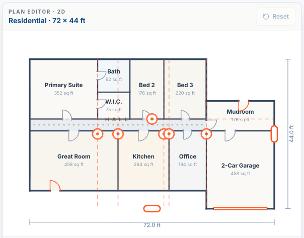 Generated editable floor plan with room dimensions