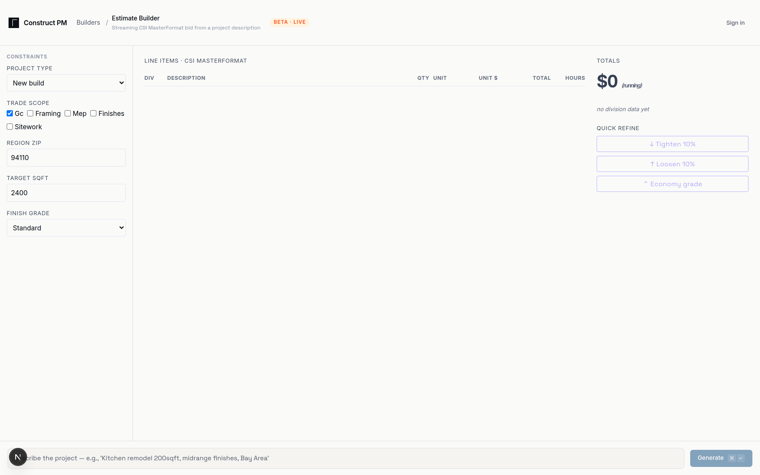 CSI cost estimate priced from the design