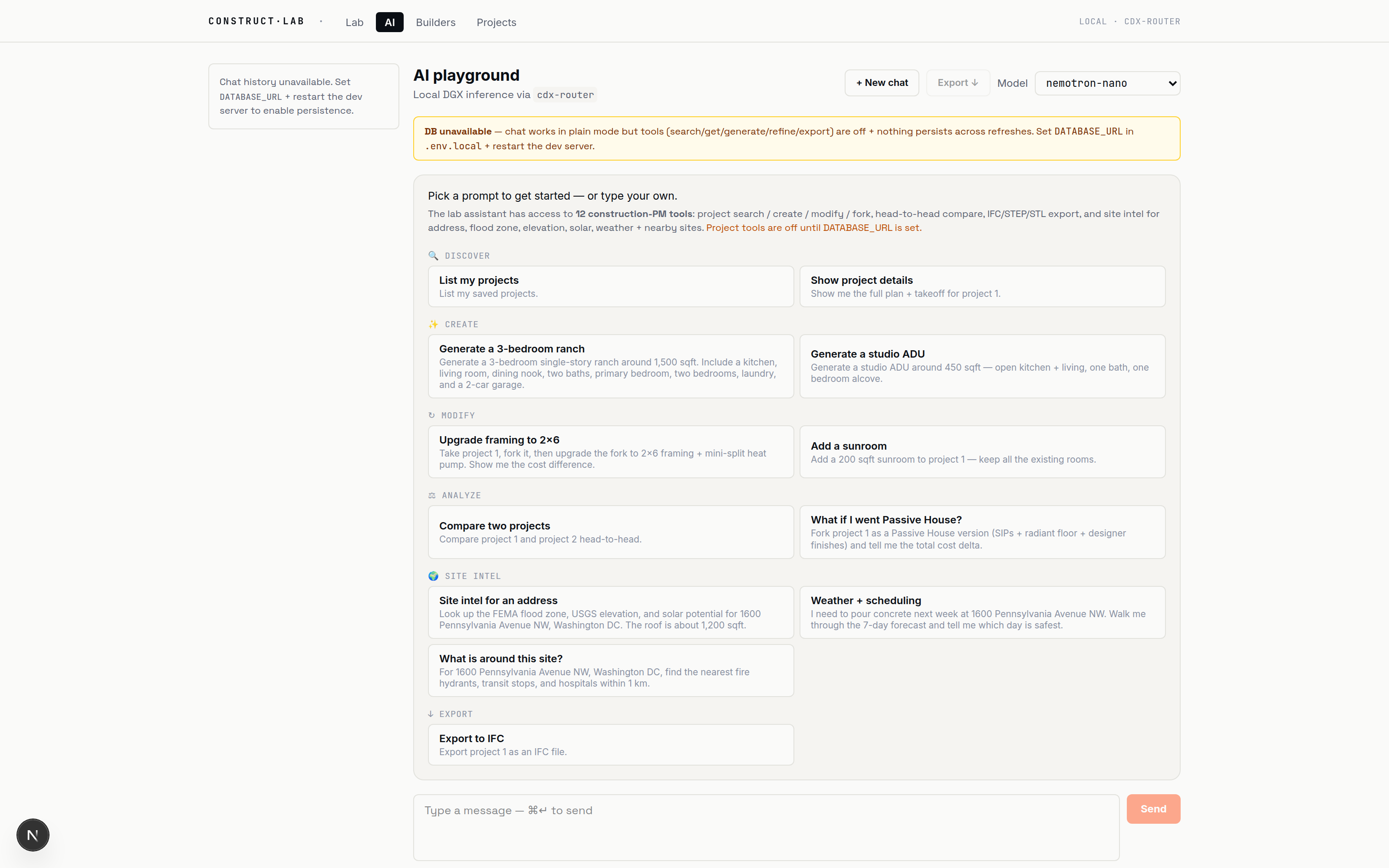 Lab AI playground showing 12 example prompts across Discover/Create/Modify/Analyze/Site intel/Export categories