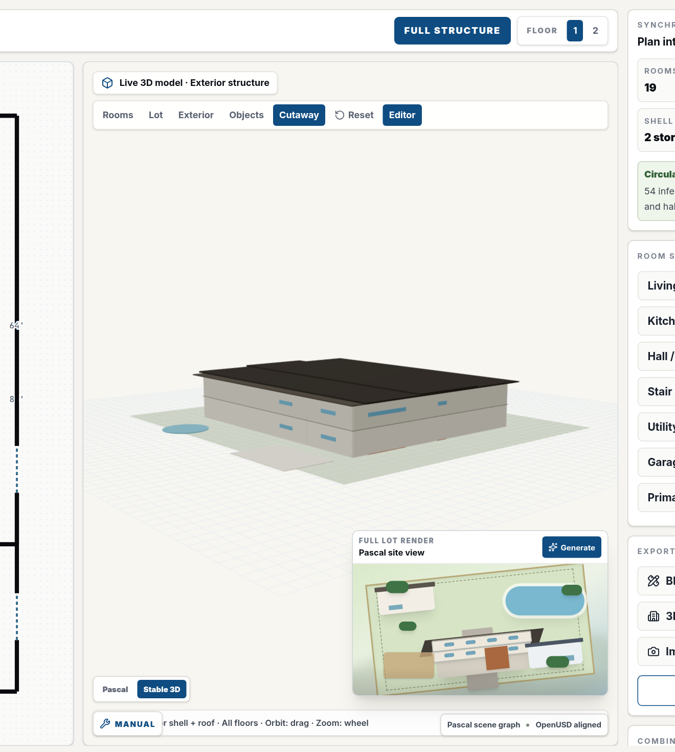 Live 3D massing model derived from the plan