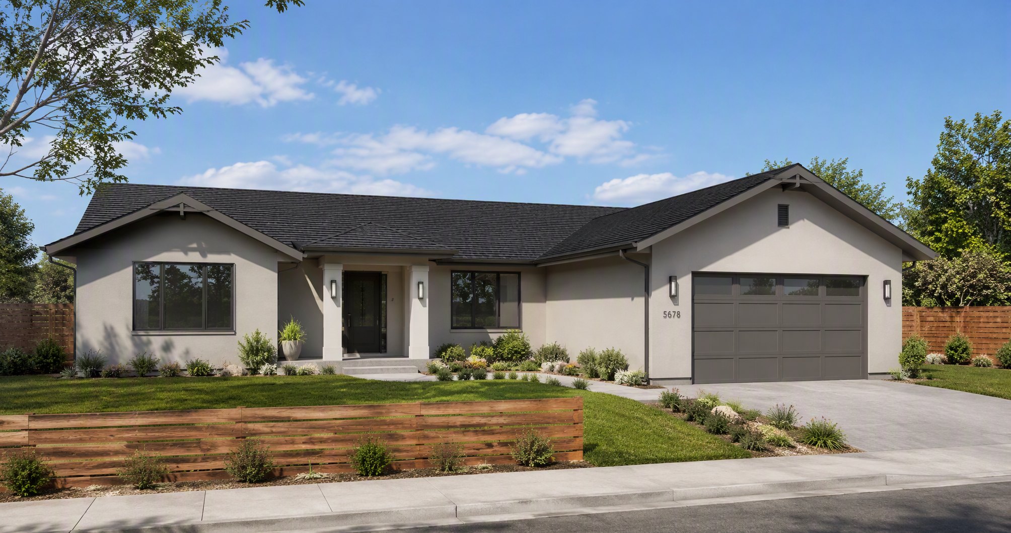 Daytime exterior render of the generated ranch house with garage, covered entry and cedar fence