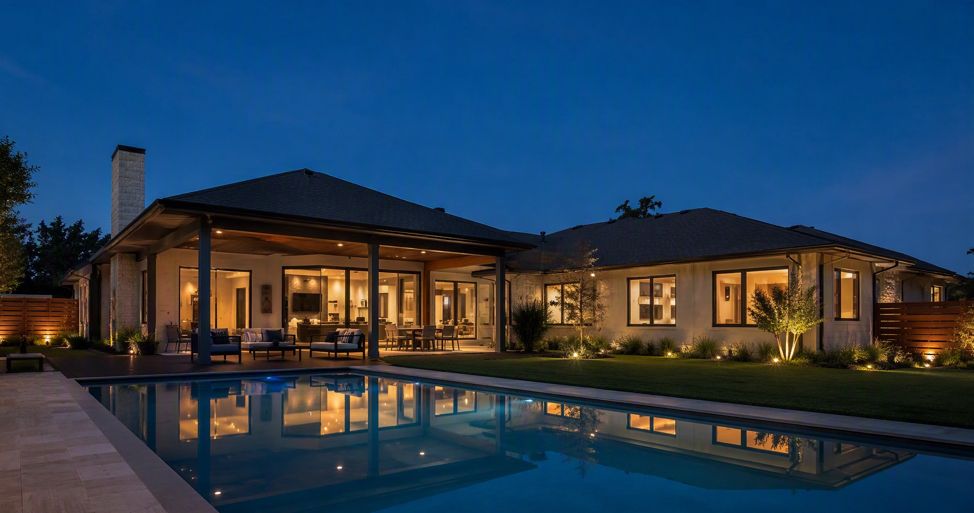 Dusk backyard render of the generated house with pool and lit covered patio
