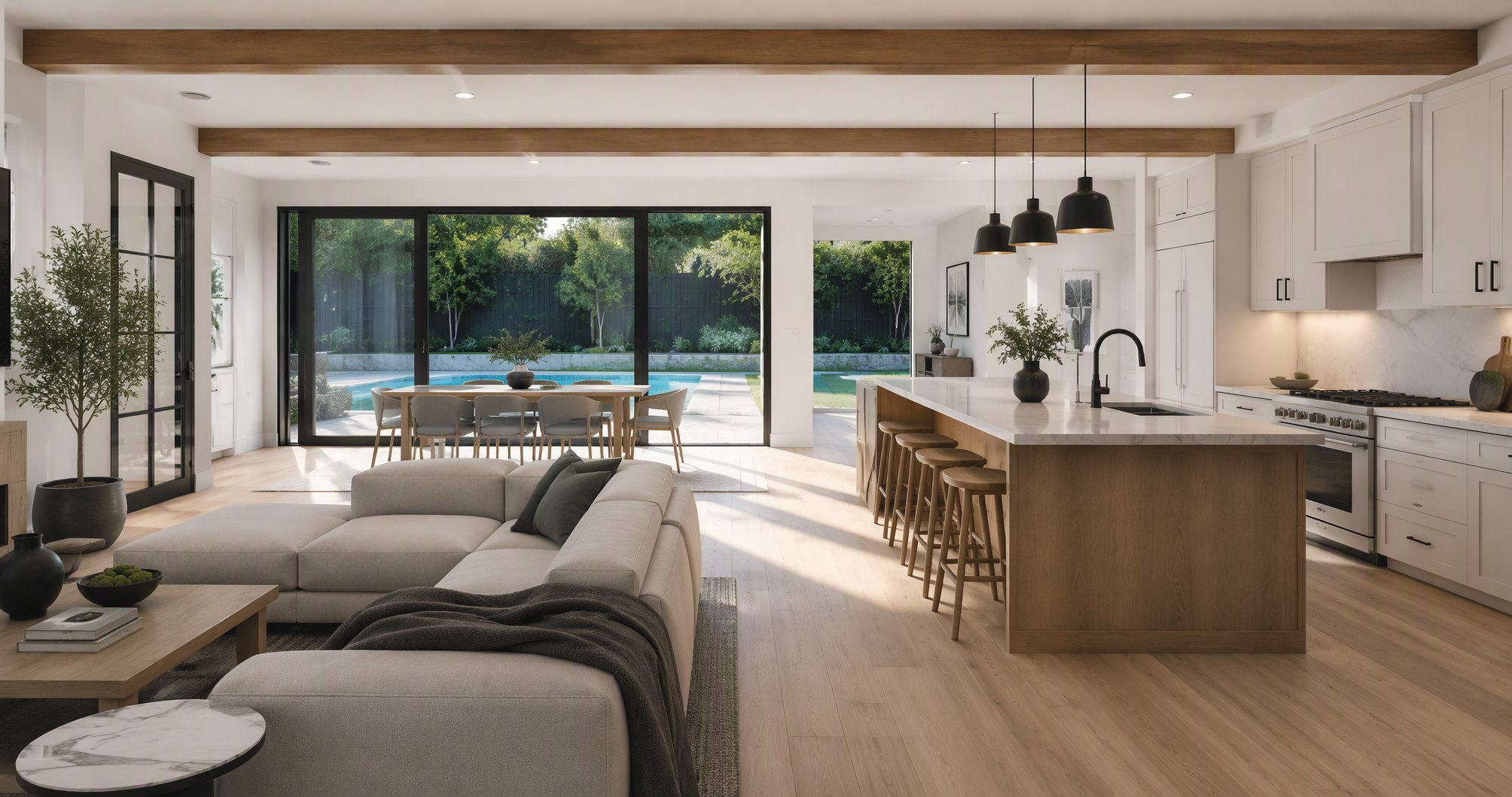 Interior render of the generated open-plan great room and kitchen opening to the pool
