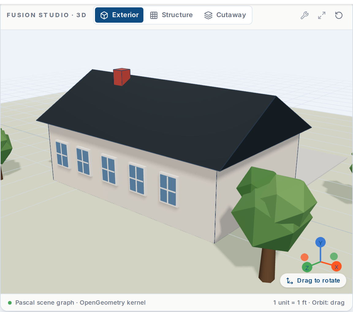 Fusion Studio workspace showing blueprint, 3D model, and plan intelligence